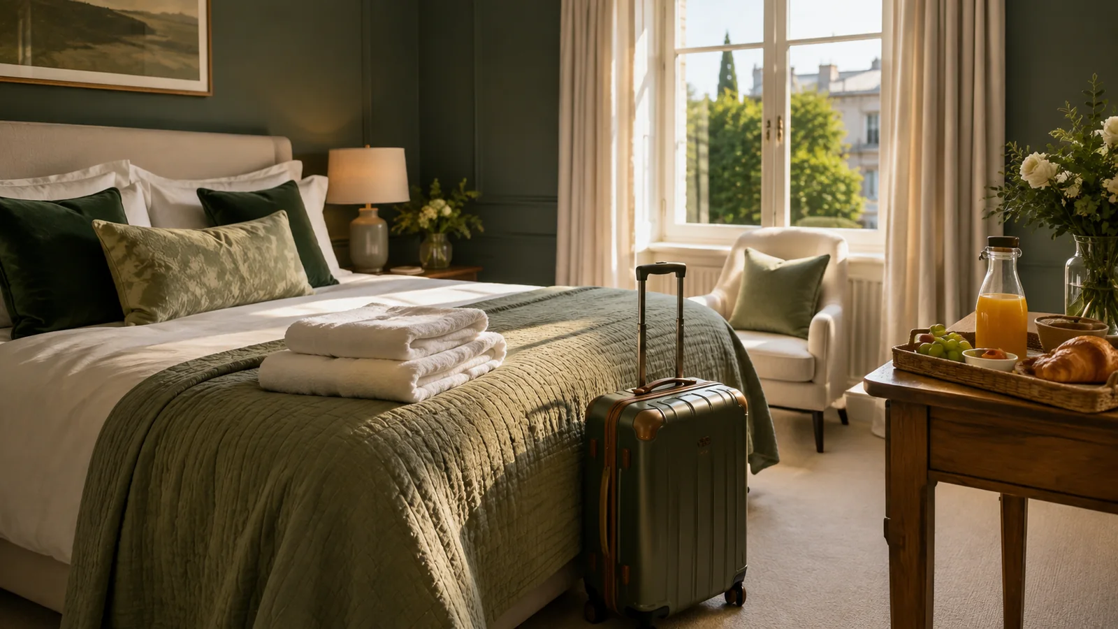 A beautifully prepared bedroom with fresh linen, folded towels, a suitcase and breakfast ready for a traveller returning home.