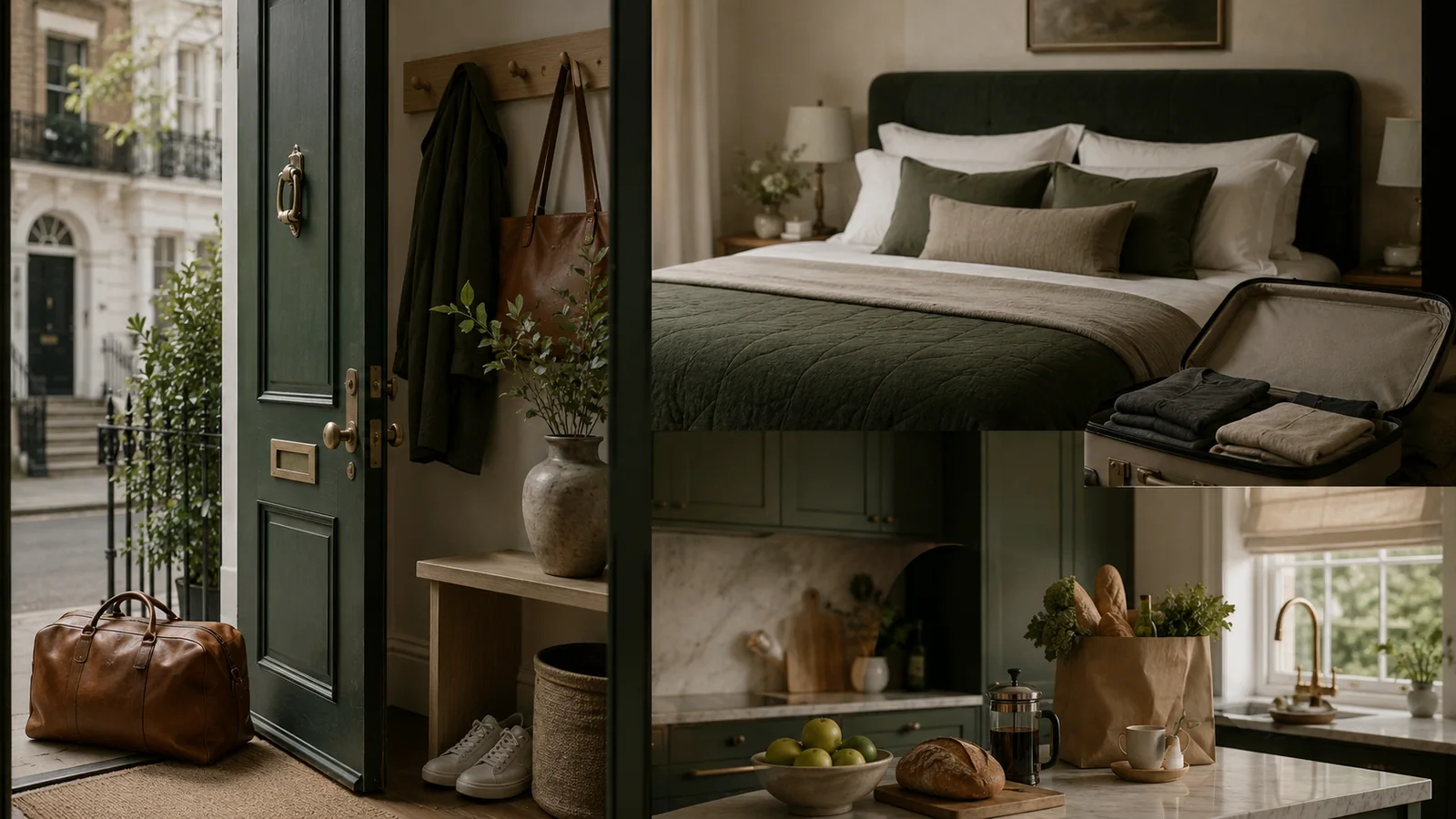 A Homeward-style homecoming scene showing a welcoming entrance, a prepared bedroom and groceries ready in the kitchen.