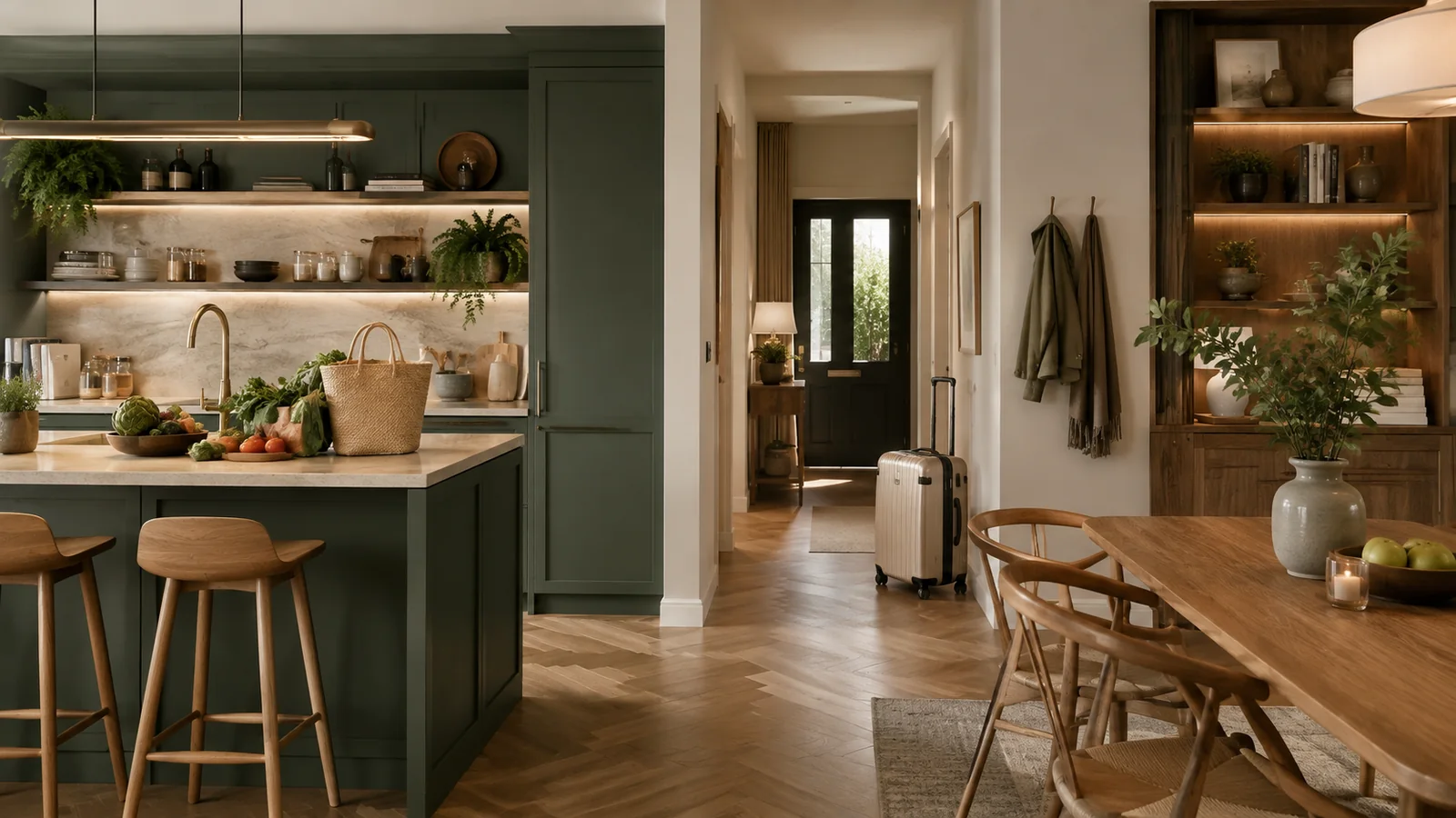 A calm London-style kitchen and dining space with groceries unpacked and a suitcase waiting near the hallway.