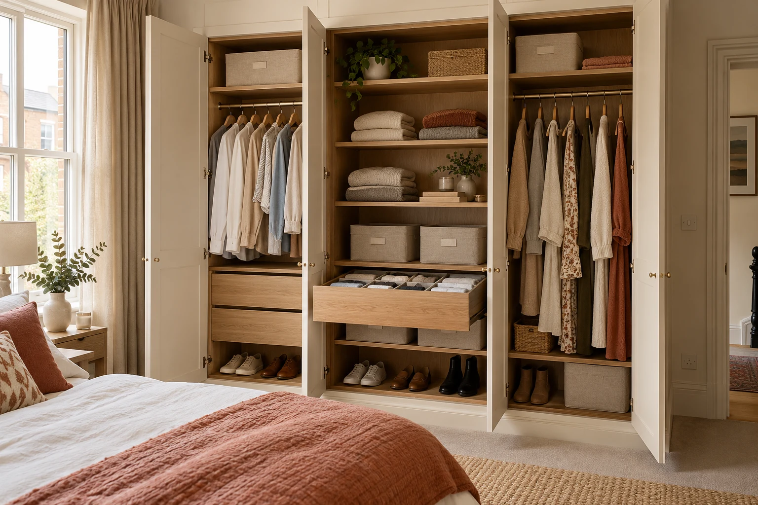 An organised bedroom wardrobe with hanging clothes, folded knitwear and clear drawer dividers.