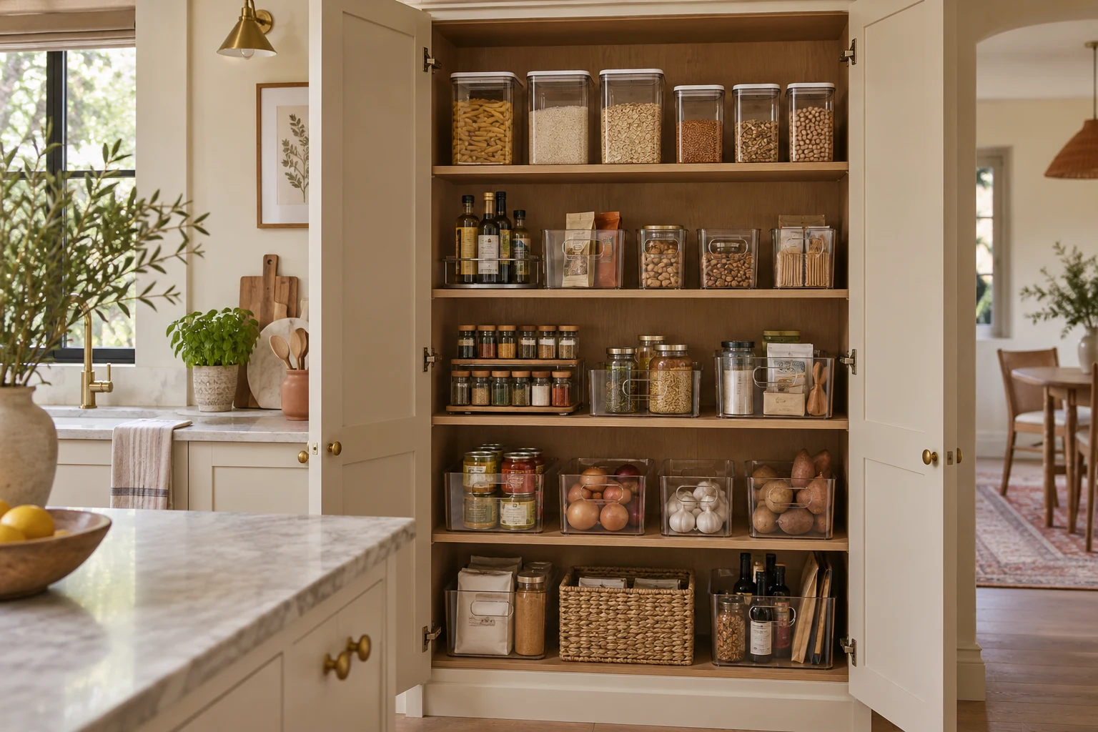 Open kitchen cupboards organised with clear bins, food canisters and accessible shelves.