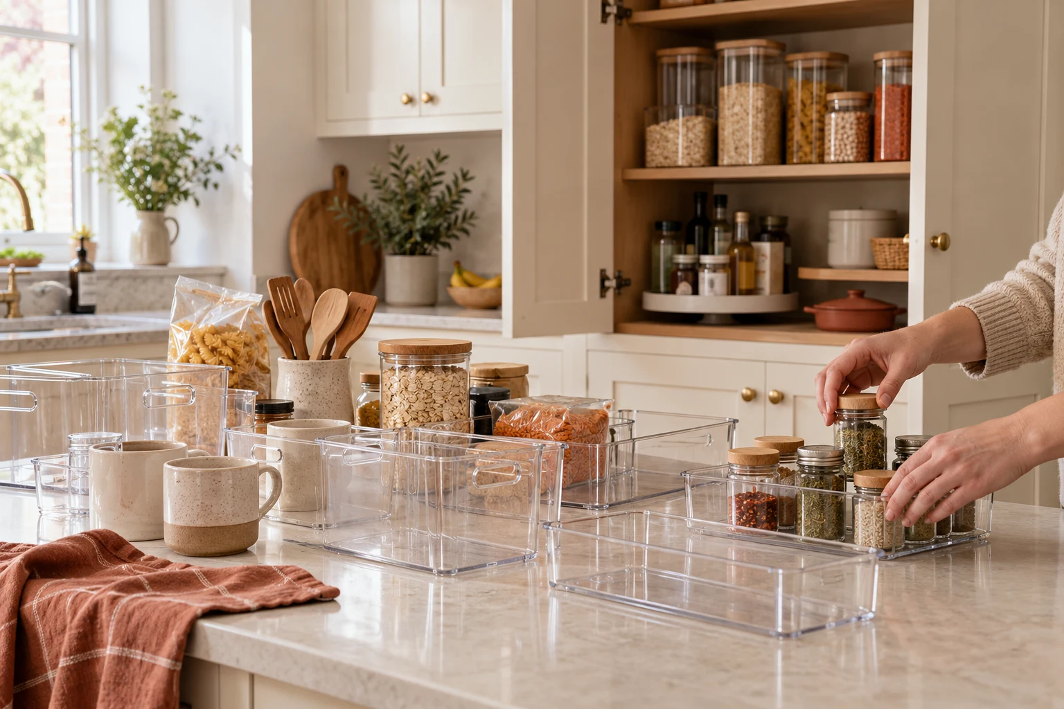 Kitchen items being sorted into groups beside clear storage containers during a decluttering session.