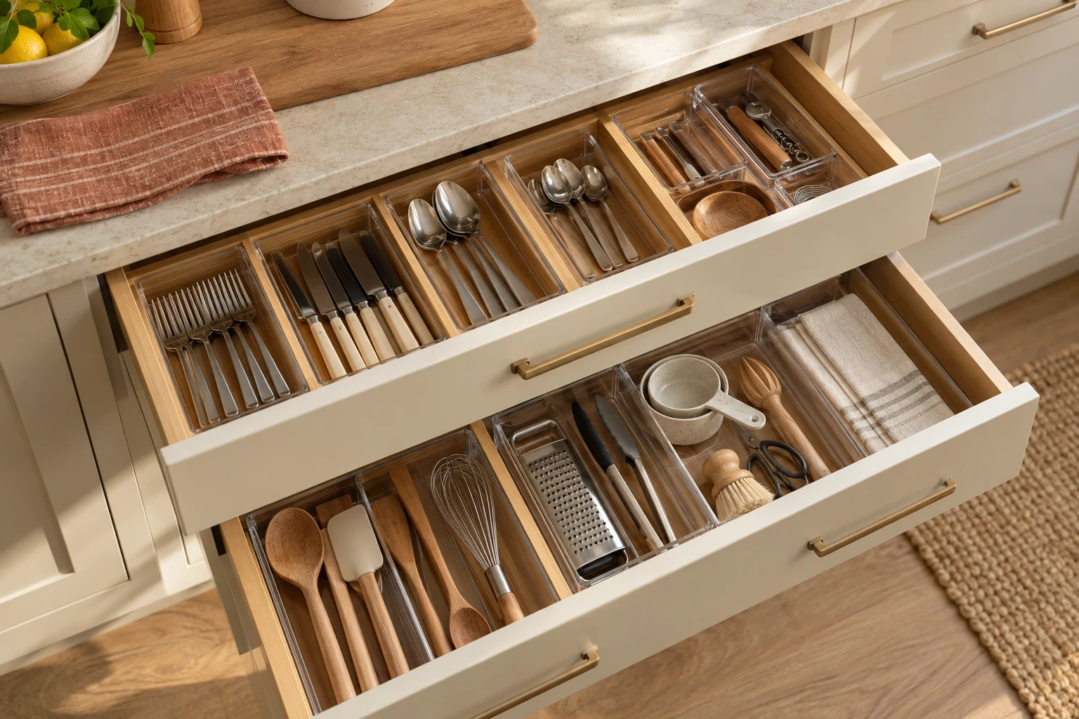 Open kitchen drawers with cutlery and cooking utensils sorted into clear compartments and bamboo dividers.