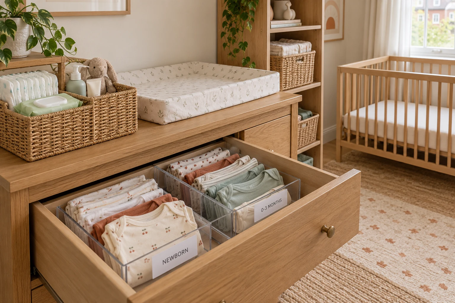 A thoughtfully organised nursery with baby clothes separated by size in drawer dividers and a compartmented nappy caddy beside the changing mat.