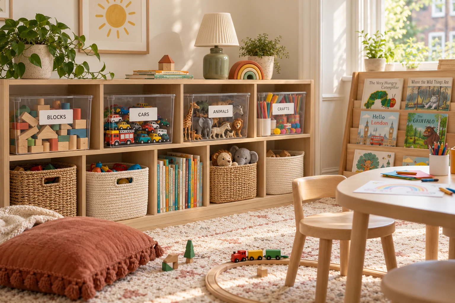 An organised playroom with separate toy bins labelled BLOCKS, CARS, ANIMALS and CRAFTS.