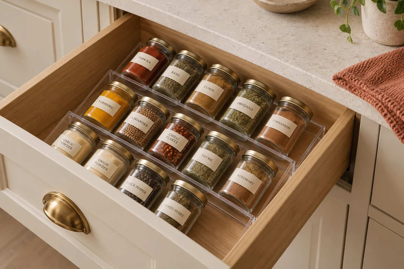 A three-tier angled spice rack sitting flat inside a kitchen drawer, with spice jars arranged on slanted rows and labels facing upwards.